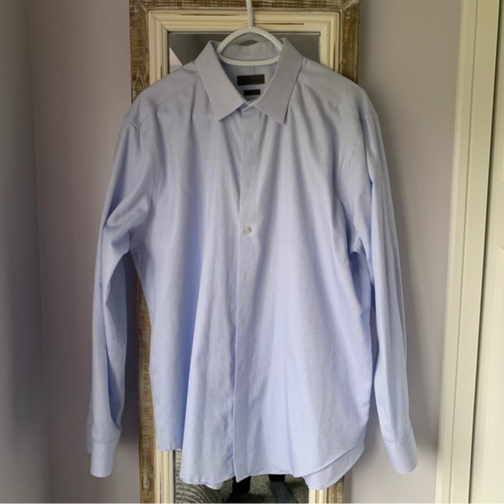 Calvin Klein Dress Shirt No Iron Skim Fit Light Blue White Check Men's 17.5 Neck